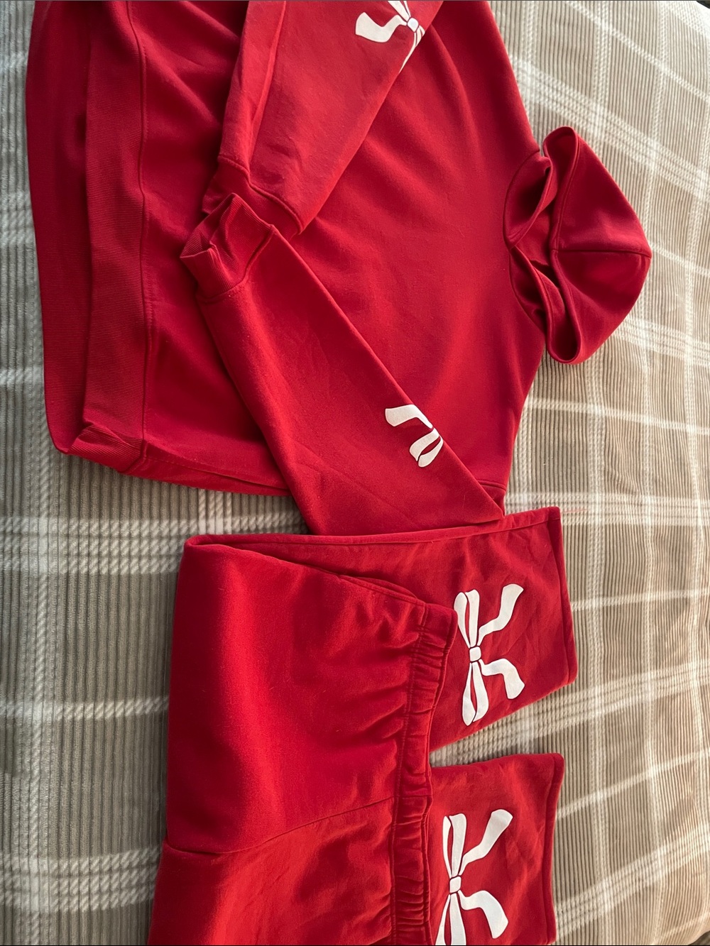 Red LA GLOW Women’s Hoodie and Sweatpants Set with White Bow Details